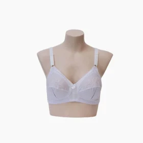 Fashioned from comfortable, woven cotton fabric with delicate embroidery on the upper cups, this style offers maximum comfort, control and a minimizing shape to the fuller figure.